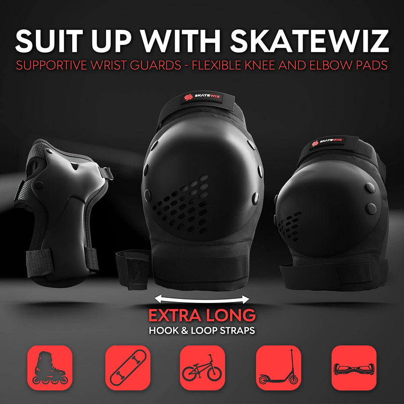 SKATEWIZ Skateboard Protective Gear Set for Kids - Smash - Roller Skate Pads [6pc] - Elbow Pads Roller Derby and Knee Pads Skating with Wrist Guards Kids S - Kids Black - BeesActive Australia