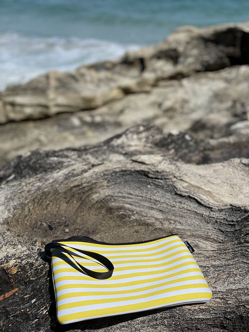 Scout + Ochre Neoprene Swimsuit Bag Pouch with Zipper - Waterproof Wet Bag for Swimwear, Diapers, Cosmetics, Travel Toiletries - great for Beach, Pool, Strollers, Gym - 11.5x8in (Yellow White Stripe) Yellow White Stripe - BeesActive Australia