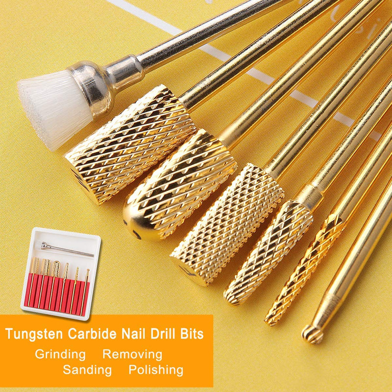 Makartt Carbide Nail Drill Bit Set 3/32 Gold Carbide Nail Drill Bit 7Pcs Remove Gel Polish Nail Gel Dip Powder Drill Bit Professional Bits Nail Art Tools Manicure Pedicure B-21 - BeesActive Australia