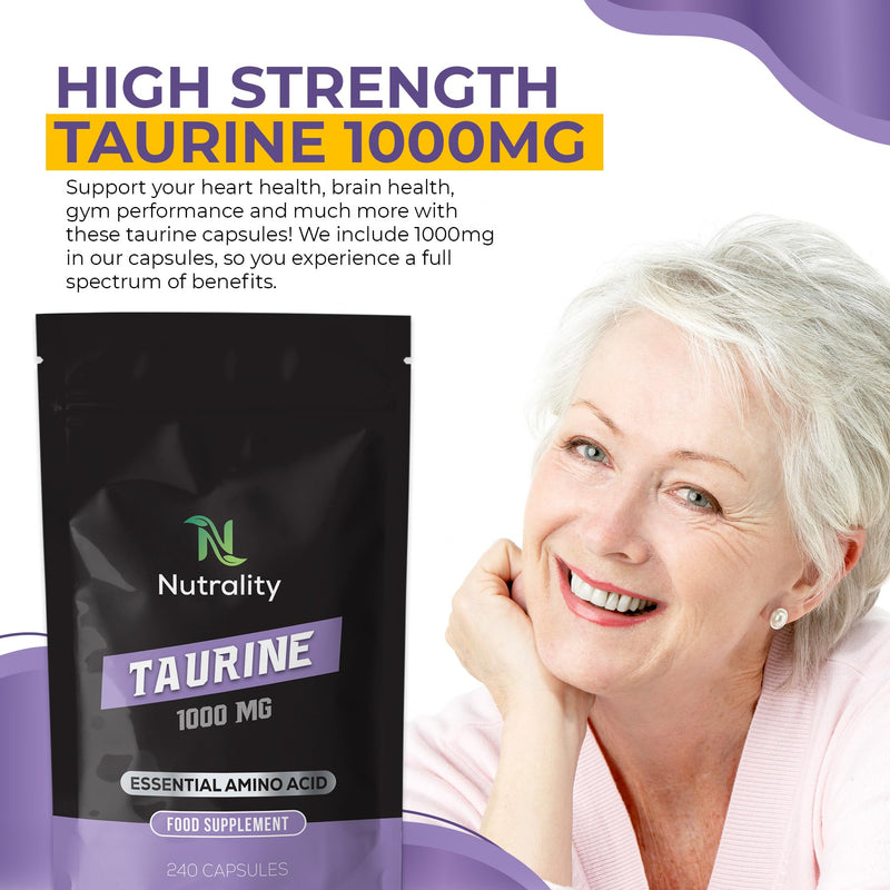 Nutrality Taurine Supplement 1000mg 240 Capsules-High Strength Energy and Endurance-Amino Acid Supplement for Overall Health- Sports Performance - Sleep Improvement-Suitable for Vegan, Vegetarians - BeesActive Australia