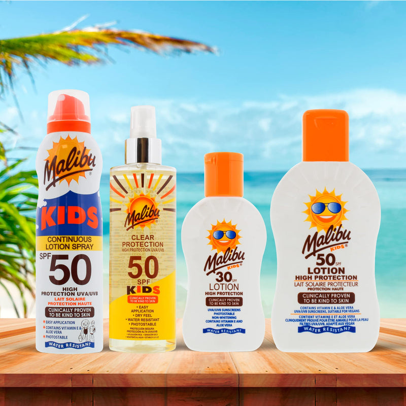Malibu Kids High Protection Water Resistant Dry Feel SPF 50 Sun-Screen Clear Spray, 250ml - BeesActive Australia