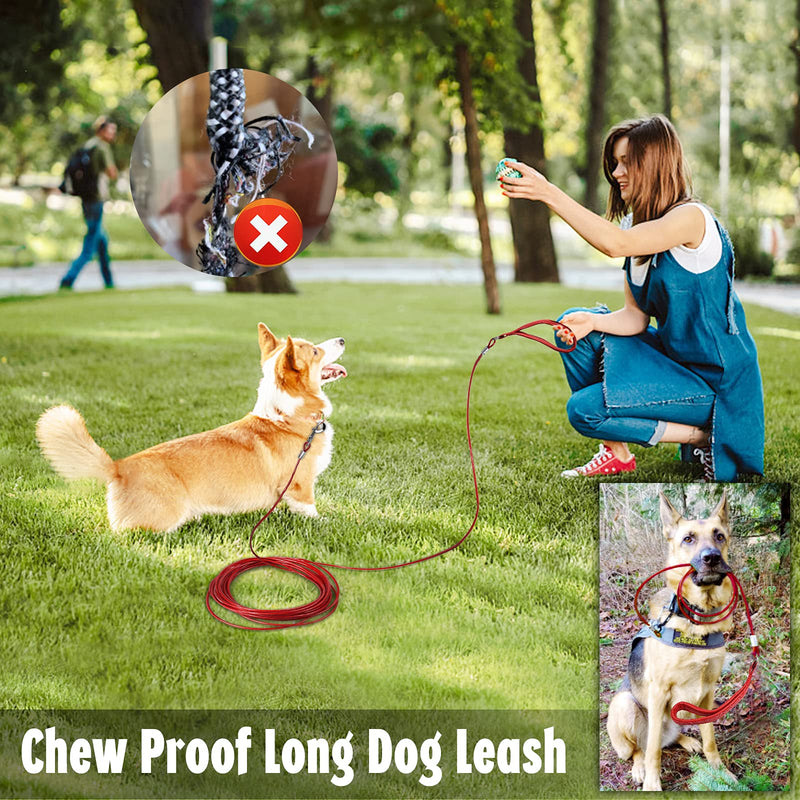 Long Dog Leash Chew Proof, Tie Out Cable for Dogs Heavy Duty 10/20/30/50 ft with Carabiner, Dog Leads for Yard for Medium Large Dogs, Durable Dog Long Leashes with Padded Handle for Training Walking Red 30FT - BeesActive Australia