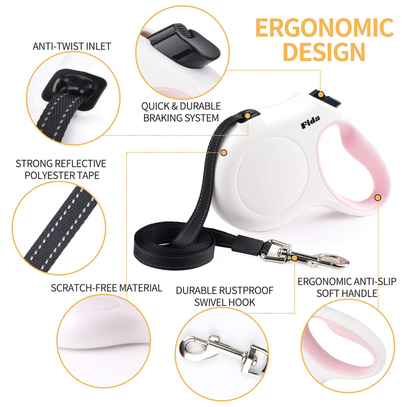 Fida Retractable Dog Leash with Dispenser and Poop Bags for X-Small/Small/Medium/Large Breed, 16 ft Heavy Duty Pet Walking Leash, Anti-Slip Soft Handle, Reflective Strong Nylon Tape, One-Handed Brake X-Small, 10ft White - BeesActive Australia