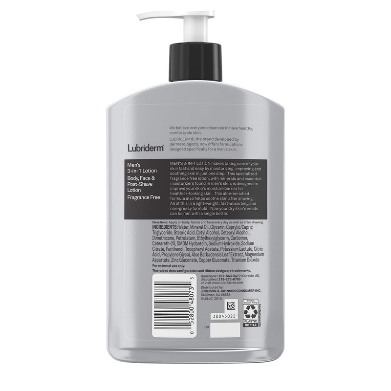 Lubriderm Men's 3-In-1 Unscented Lotion Enriched with Soothing Aloe for Body and Face, Non-Greasy Post Shave Moisturizer, Fragrance-Free, Basic, 16 Ounce, 16.0 Fl Oz - BeesActive Australia