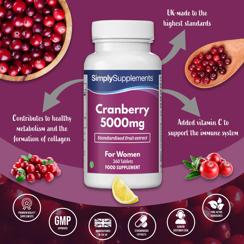 Cranberry 5000mg Tablets | High Strength Cranberry Extract | Vegan & Vegetarian Friendly | Now with Vitamin C for Immune Support | 360 Tablets = Up to 12 Month Supply | Manufactured in The UK - BeesActive Australia