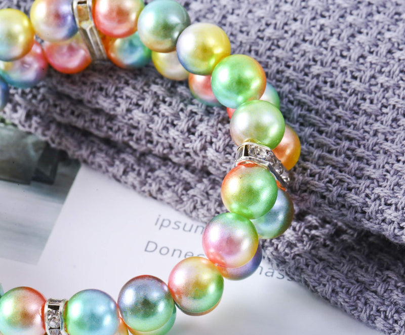PET SHOW Small Dog Necklace Two Rows Elastic Faux Pearl with Rhinestone Cat Puppy Rabbit Jewelry Grooming Accessories Medium Multi-colored - BeesActive Australia