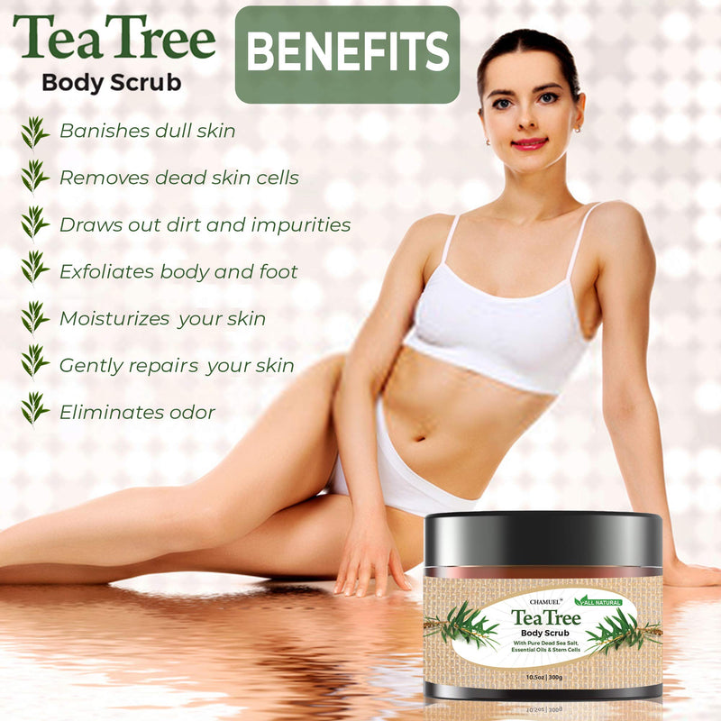 Chamuel Tea Tree Body & Foot Scrub - 100% Natural Exfoliating Body Scrub with Dead Sea Salt, Plant-based Stem Cells, Ginger & Essential Oils– Rejuvenates & Soothes Dead & Dry Skin (15.1oz) - BeesActive Australia