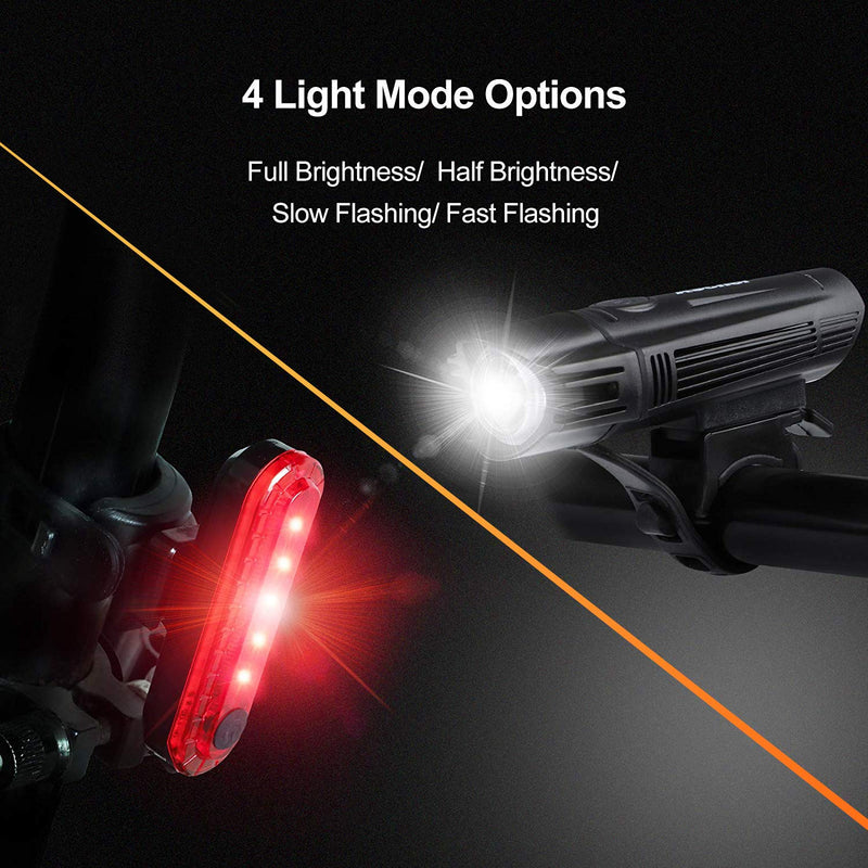 Ascher Ultra Bright USB Rechargeable Bike Light Set, Powerful Bicycle Front Headlight and Back Taillight, 4 Light Modes, Easy to Install for Men Women Kids Road Mountain Cycling Black - BeesActive Australia