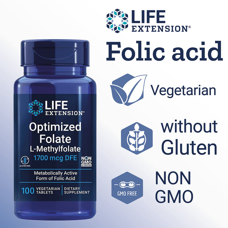 Life Extension Optimised Folate, 5-MTHF, high dose, 100 Vegan Tablets, Laboratory Tested, Vegetarian, Gluten-Free, Soy-Free, Non-GMO - BeesActive Australia