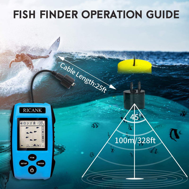 RICANK Portable Fish Finder, Contour Readout Handheld Fishfinder Depth readout 3ft(1m) to 328ft (100m) with Sonar Sensor Transducer and LCD Display 5 Modes Sensitivity Options Fish Depth Finder Blue - BeesActive Australia