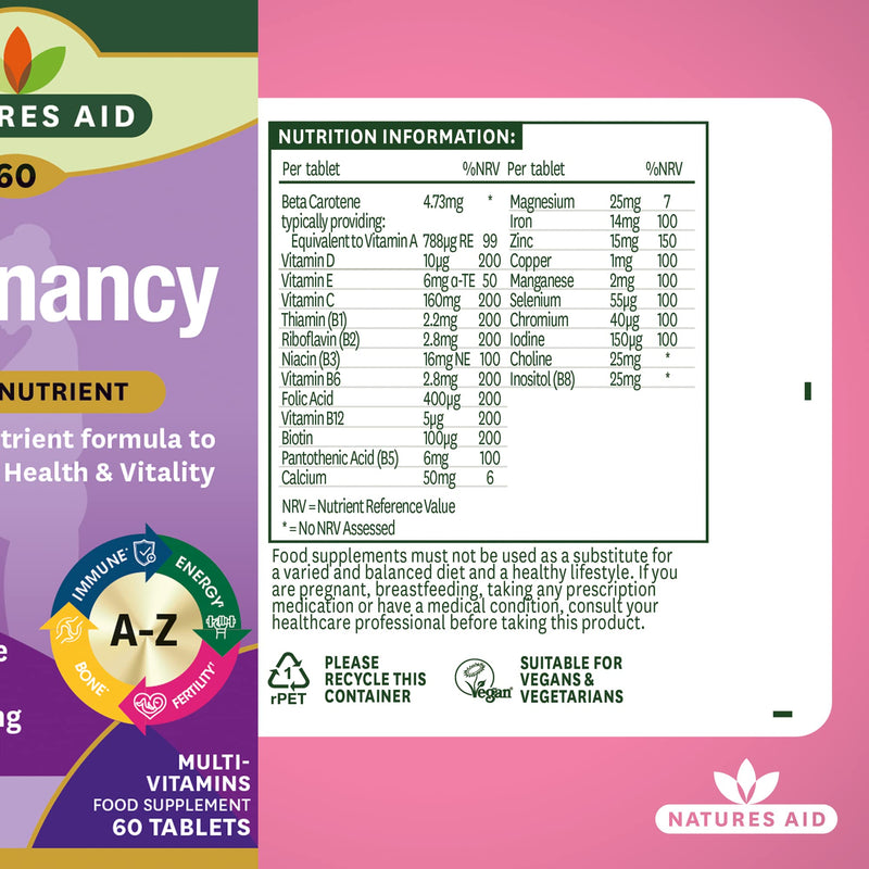 Natures Aid Pregnancy Multi-Vitamins and Minerals Tablets (23 Essential Vitamins and Minerals, 60 Tablets, Before, During and After Pregnancy, Vegan Society Approved, Made in the UK) - BeesActive Australia