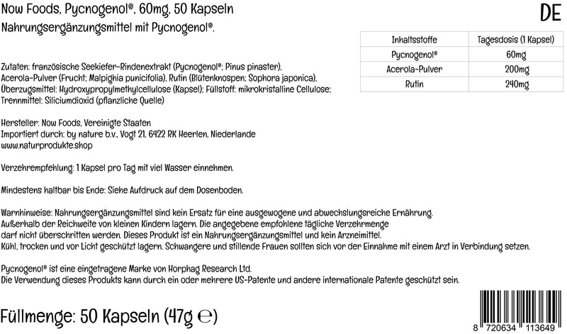 Now Foods, Pycnogenol, 60mg, 50 Vegan Capsules, Lab-Tested, Soy Free, Gluten Free, Vegetarian - BeesActive Australia