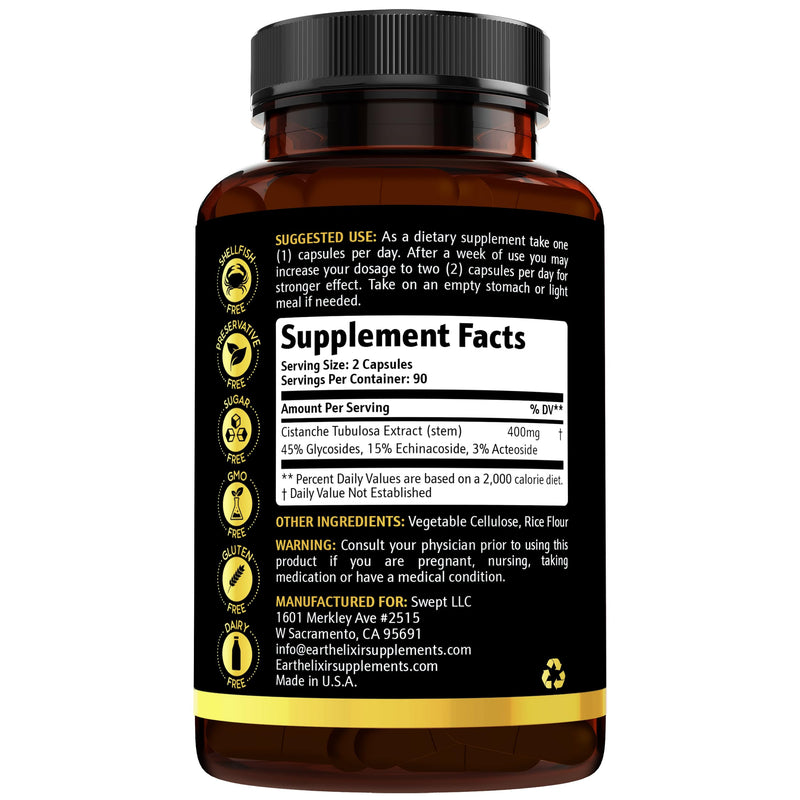 Earth Elixir Cistanche Tubulosa 400 mg (180 Capsules) 3 Months Supply – Made in USA- Max Purity - Cistanche Supplement - Zero Fillers – Gluten Free - Vegan - Nootropics - 100% Pure Cistanche Herb - BeesActive Australia