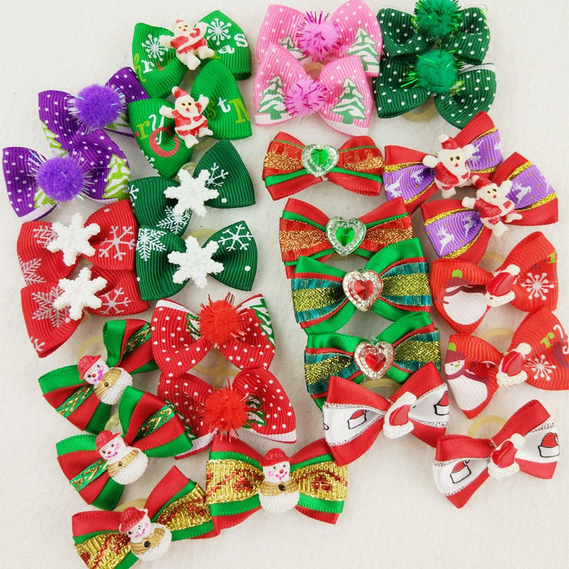 Hixixi 24pcs/12pairs Pet Dog Christmas Samll Hair Bows with Rubber Bands Xmas Cat Puppy Grooming Accessories - BeesActive Australia