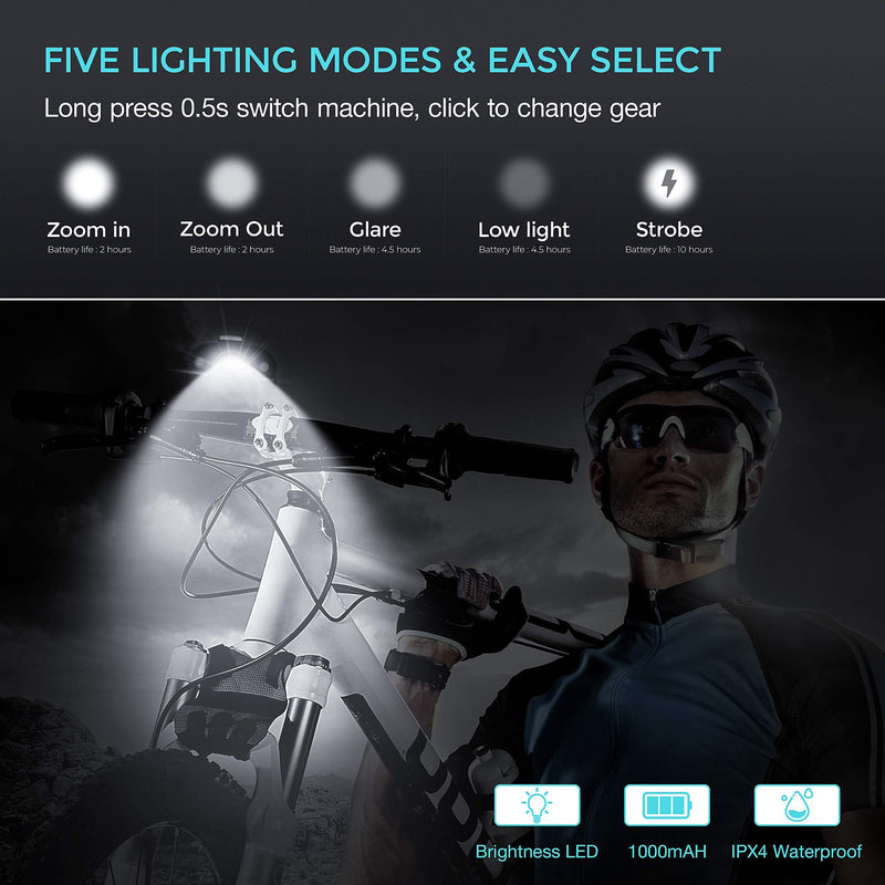 Lxl Usb Rechargeable Bike Headlight and Back Light Set, Runtime 10+ Hours 600 Lumen Bright Front Lights and Tail Rear Led, 5 Light Mode Options Fits All Bicycles, Mountain - BeesActive Australia