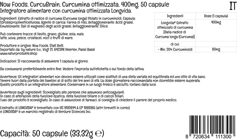 Now Foods, CurcuBrain, Optimised Curcumin, 400mg, 50 Vegan Capsules, Lab-Tested, Gluten Free, SOYA Free, Vegetarian - BeesActive Australia