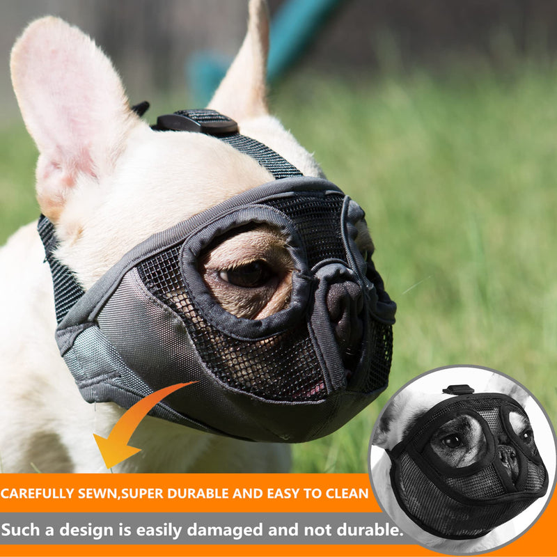 JYHY Short Snout Dog Muzzles- Adjustable Breathable Mesh Bulldog Muzzle for Biting Chewing Licking Training Grooming Dog Mask Medium/11"-17" Grey(Eyehole) - BeesActive Australia
