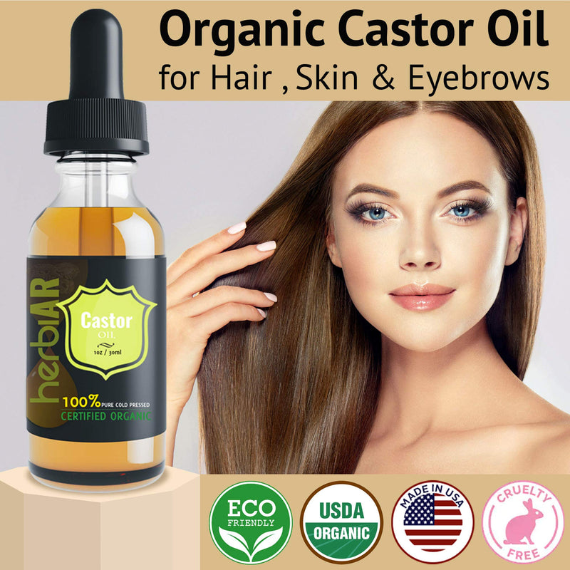 Organic Castor Oil for Eyelashes Eyebrows USDA Certified Natural Cold Pressed Hair Growth Oil & Eyelash Serum Skin Moisturizer 30 ml - Herbiar - BeesActive Australia