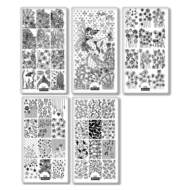 Nail Stamping Plates Set DIY Manicure Plate Flower Geometry Series 5Pcs Nail Art Plates+1Pcs 20 Slots Large Rectangular Nail Art Stamping Template Holder Bag As shown in Image - BeesActive Australia