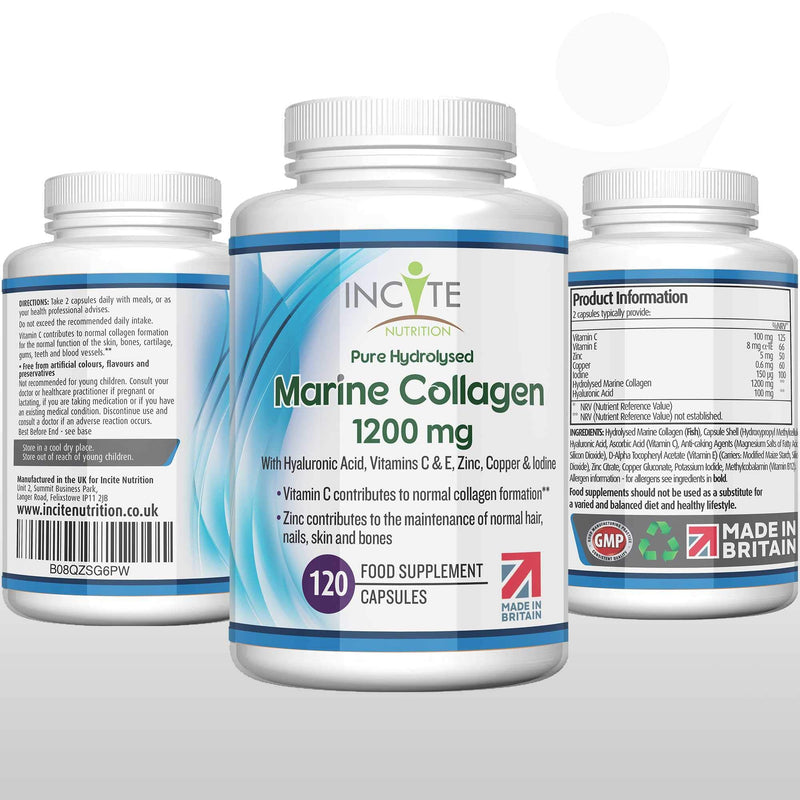 Marine Collagen 1200mg | 120 High Strength Collagen Capsules Supplements for Women & Men Pure Superior Type 1 Hydrolysed Marine Collagen Enhanced with Vitamins C, E, B12, Copper, Zinc and Iodine. - BeesActive Australia