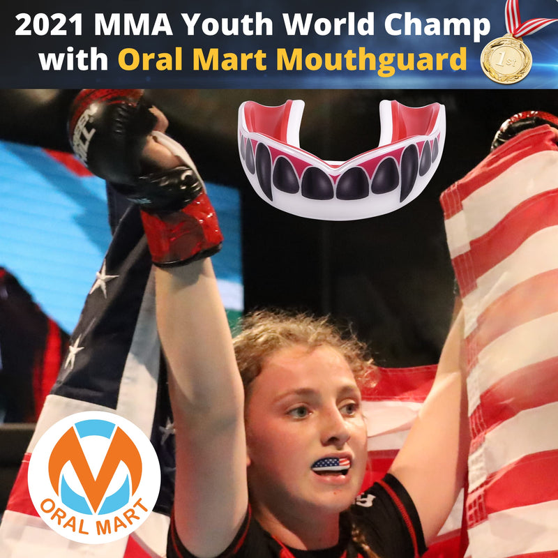 Oral Mart Sports Youth Mouth Guard for Kids (USA Flag & 3 Fangs & 15 Best Colors) | Youth Mouthguard (BPA Free) Football, MMA, Karate, Flag Football, Rugby, Boxing, BJJ, Hockey (/w Vented Case) (Youth, Strapless) Youth (Age 12 & Below) Black Fangs - BeesActive Australia