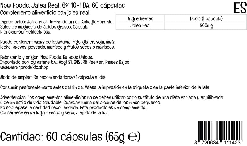 Now Foods, Royal Jelly, 500mg, Standardised to 6% 10-HDA, High Dose, 60 Capsules, Lab-Tested, Gluten Free, SOYA Free, Non GMO - BeesActive Australia