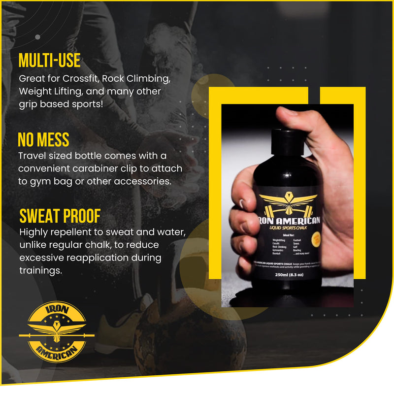IRON AMERICAN Liquid Sports Chalk - Weightlifting Hand Chalk Mess Free Travel Bottle Long Lasting Strong Grip for Training Gymnastics Rock Climbing Weight Lifting COMBO KIT (8.3 oz. + 1.7 oz.) Bottles - BeesActive Australia