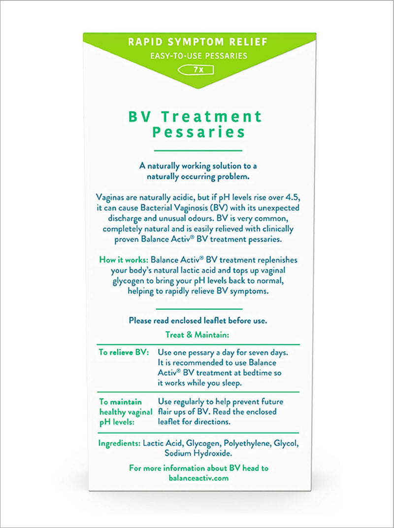 Balance Activ Pessaries | Bacterial Vaginosis Treatment for Women | Works Naturally to Rapidly Relieve Symptoms of Unpleasant Odour, Discomfort & Discharge Odour Associated with BV | 1 Pack 7 Count (Pack of 1) - BeesActive Australia