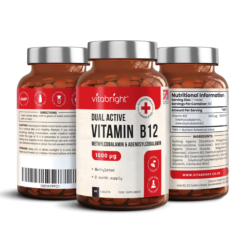 Vitamin B12 Tablets - 1000mcg High Strength - Dual Active Methylcobalamin and Adenosylcobalamin - 60 Tablets (2 Month Supply) - for Immune System, Brain and Energy - Vegan - Made in UK by VitaBright 60 Count (Pack of 1) - BeesActive Australia