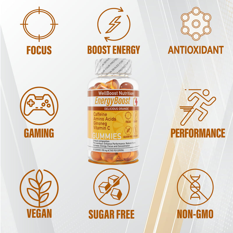 Energy Boost - Pre Workout, Caffeine, Ginseng, VIT C, L-Carnitine, Beta-Alanine, Chewable Gummies for Men & Women - 60 Gummies - 700mg Active per Serving - Orange Flavour, Suitable for Vegans - BeesActive Australia
