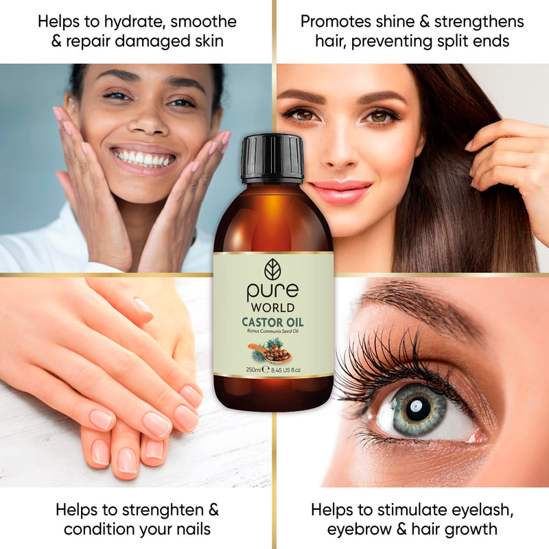 Pure World Castor Oil 250ML. Cold Pressed 100% Pure and Undeluted Hexane Free Natural for Eyebrows, Nails, Beard, Hair, Eyelash Growth Cruelty Free - BeesActive Australia