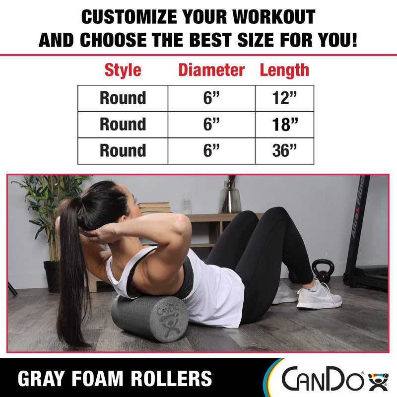 CanDo Plus Round Gray Exercise Fitness Foam Rollers for Muscle Restoration, Massage Therapy, Sport Recovery and Physical Therapy 6" x 18" 6" X 18" - BeesActive Australia