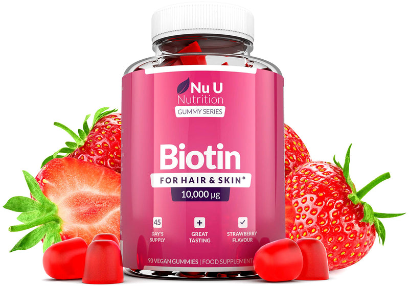 Biotin Hair Gummies 10,000mcg - 90 Vegan Gummies - 45 Day Supply - Strawberry Flavour - Supports Normal Skin & Hair Growth - Chewable Hair Vitamins - BeesActive Australia