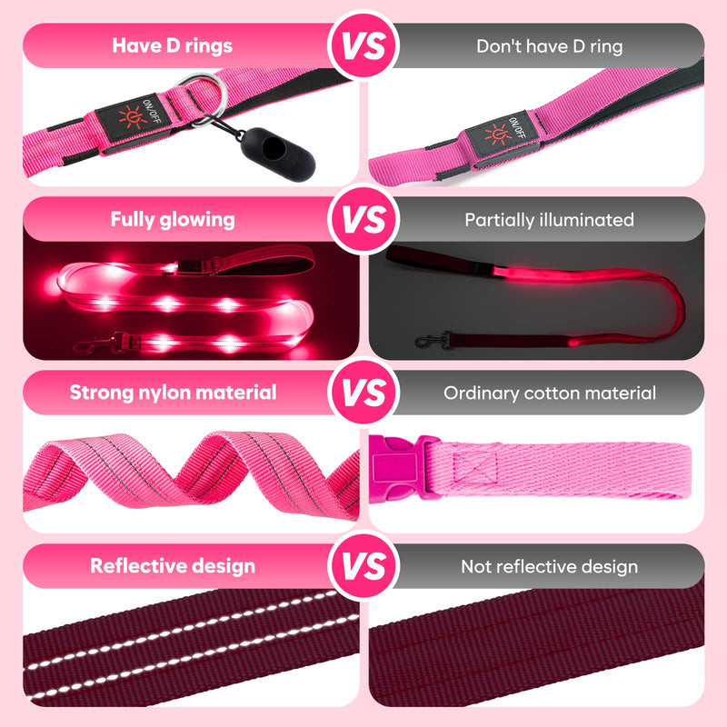 KOSKILL 4 Ft Led Dog Leash, Rechargeable Light Up Dog Leash Waterproof, Safety Glow in The Dark Dog Leash for Night Walking, Nylon Reflective Leashes with Padded Handle for Small Medium Large Pets Pink - BeesActive Australia