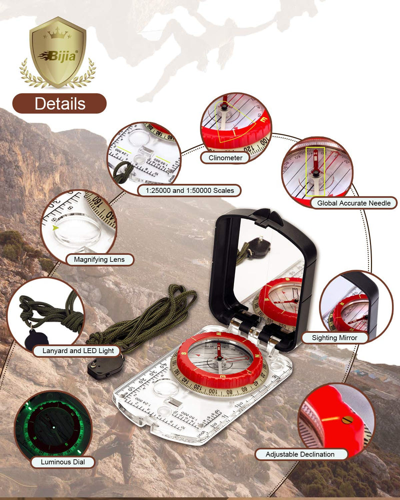 BIJIA Orienteering Map Compass -Sighting Mirror Compass with Adjustable Declination,Clinometer and LED light for Hiking, Camping,Orienteering,Hunting,Global Mountaineering,Navigating and SAR training. - BeesActive Australia