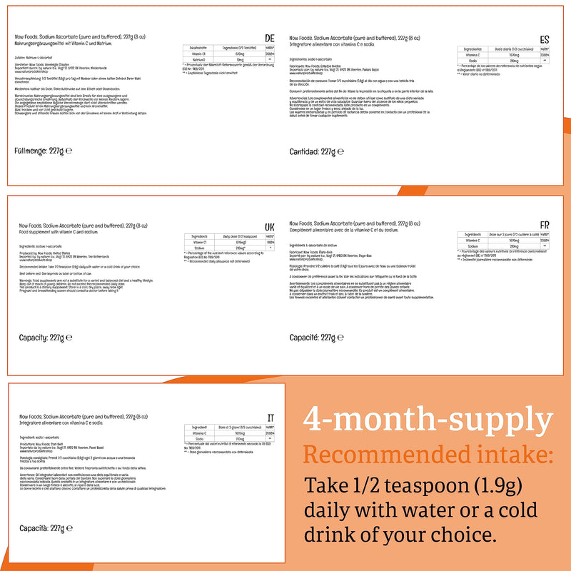 Now Foods, Sodium Ascorbate, Buffered Vitamin C, 227g Vegan Powder, Lab-Tested, Gluten Free, Soy Free, Vegetarian, Non-GMO - BeesActive Australia