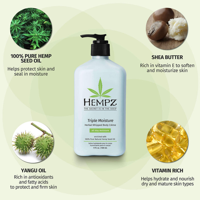 Hempz Natural Triple Moisture Herbal Whipped Body Cream with 100% Pure Hemp Seed Oil for 24-Hour Hydration - Moisturizing Vegan Skin Lotion with Yangu Oil, Peach and Grapefruit - Enriched Moisturizer 17 Fl Oz (Pack of 1) - BeesActive Australia