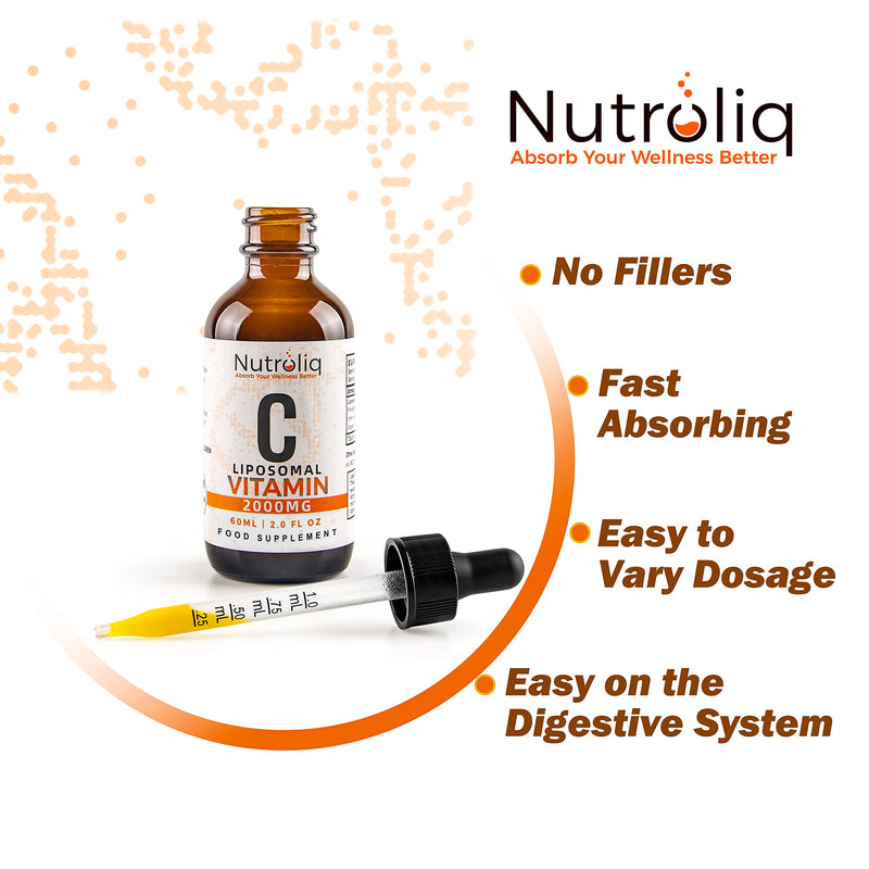 Nutroliq Liposomal Vitamin C Liquid Drops - Vegan Supplements for Men & Women's Health - Helps Boost Immune System - Quick-Absorbing, 2000mg Per Serving, Natural Orange Flavour - 60ml Glass Bottle - BeesActive Australia