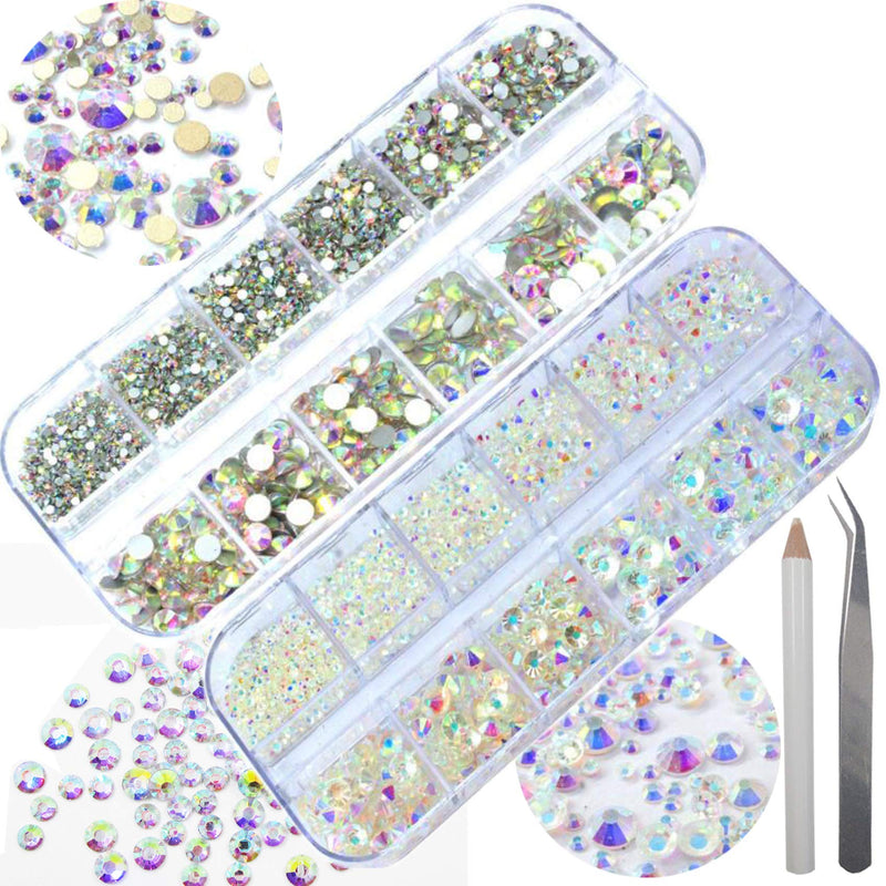 4000pc AB Clear Rhinestone Crystal Beads Gems Flatback Gemstones Mixed Size Jewels Embellishments with Picking Tweezers & Rhinestones Pen for Arts Clothes Shoes Crafts Face Body Makeup Nail DIY. - BeesActive Australia