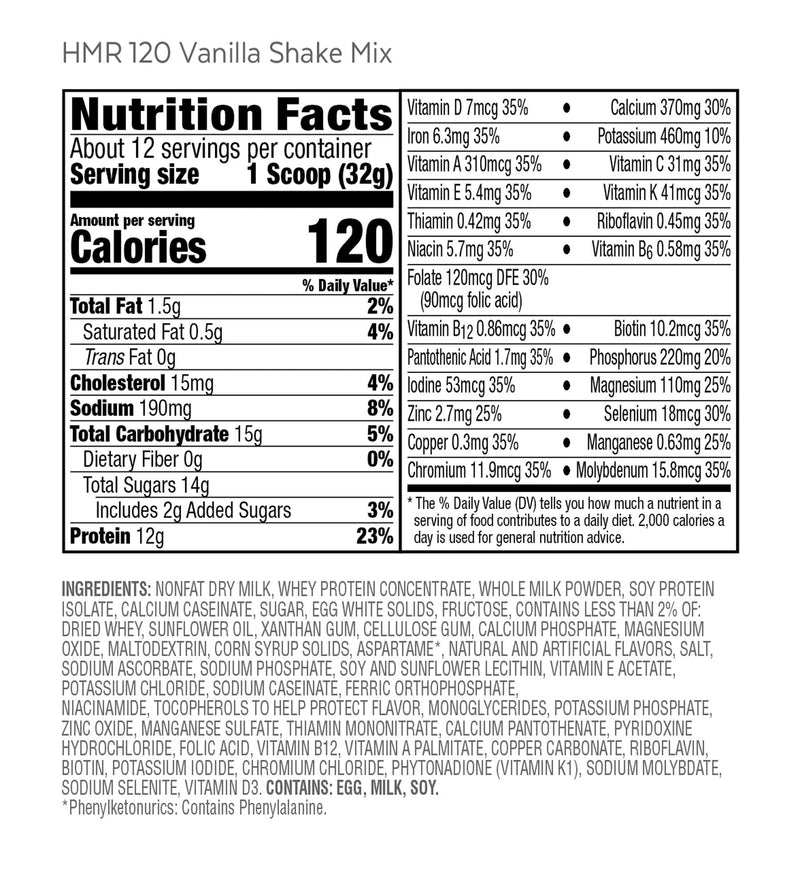 HMR 120 "Classic" Shake Meal Replacement Powder | Vanilla Shake Mix to Support Healthy Weight Loss | 12g of Protein | Nutritional Drink | Low Calorie Food | 12 Servings 1-Can (12 Scoops/Can) - BeesActive Australia