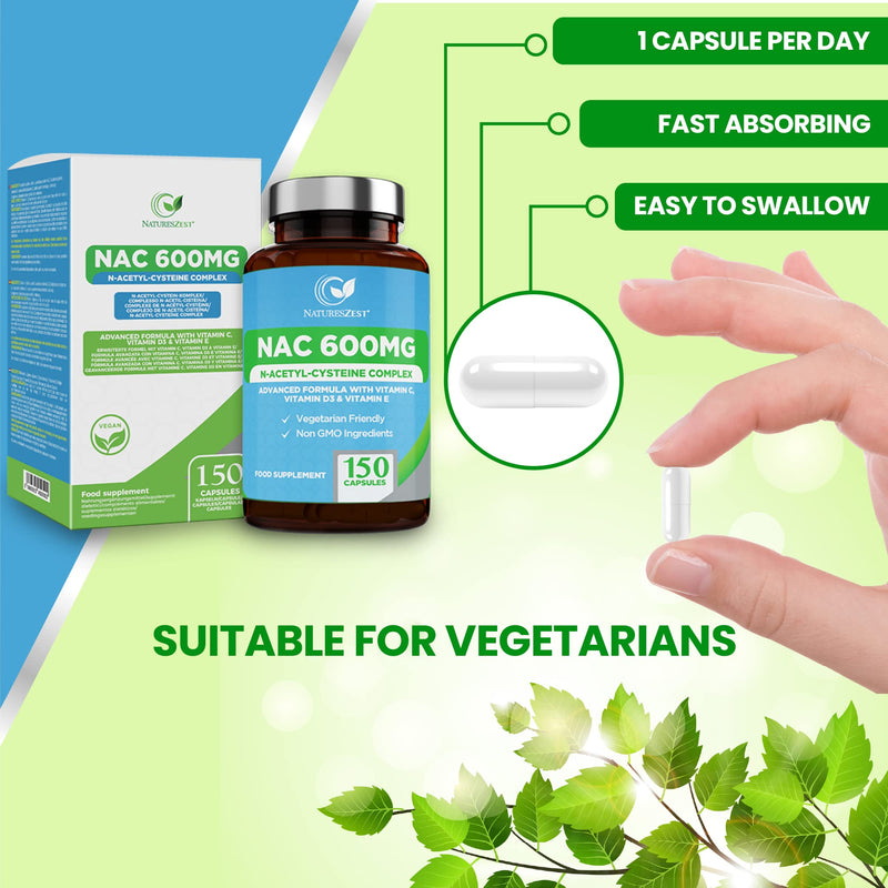 NAC N-Acetyl-Cysteine 600mg - High Strength NAC Supplement with 4 Active Ingredients - 150 Vegetarian Capsules - 5 Month Supply - enriched with NAC Powder, Vitamin C, D3 & E – Packaging May Vary - BeesActive Australia