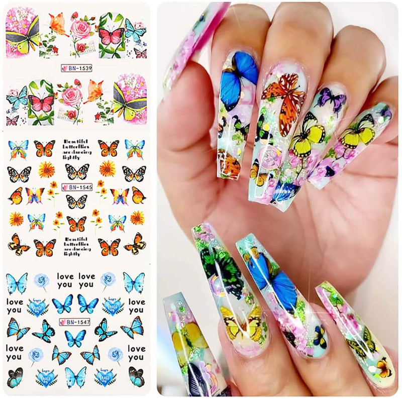 Butterfly Nail Art Stickers Decals,Water Transfer Full Wraps Butterflies Flowers Design for Acrylic Nails Supplies,DIY Full Cover Manicure Tips Nail Decorations Kit for Women(12 Sheets) - BeesActive Australia