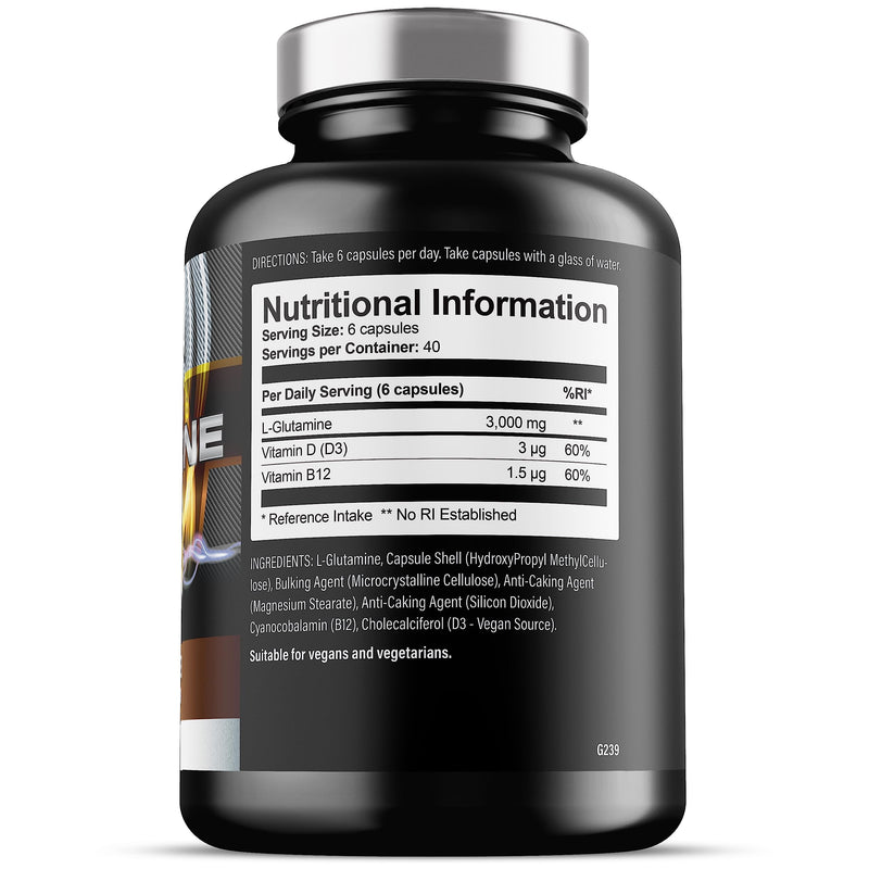 Glutamine - 3000mg L Glutamine Per Serving - Enhanced with D3 & B12 - Vegan and Vegetarian L-Glutamine (240 Capsules - 40 Servings) 240 Count (Pack of 1) - BeesActive Australia