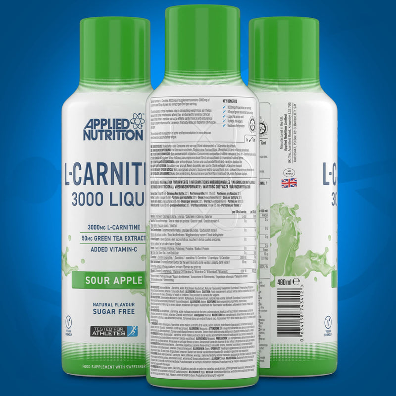 Applied Nutrition L Carnitine 3000 Liquid - L-Carnitine with Green Tea & Vitamin C, Boosts Energy & Weight Management, Vegan (480ml - 32 Servings) (Sour Apple) Sour Apple - BeesActive Australia