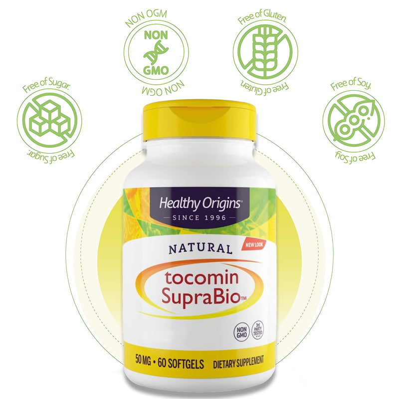 Healthy Origins, Natural Tocomin SupraBio, 50mg, 60 Softgels, Laboratory Tested, Vitamin E, Gluten Free, SOYA Free, Non-GMO - BeesActive Australia