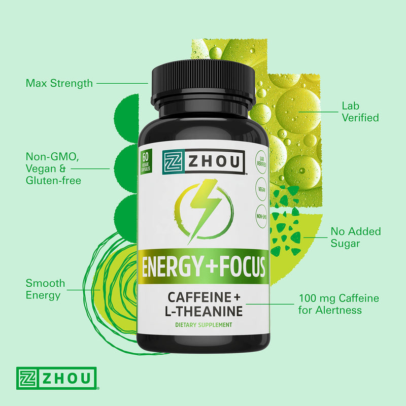 Zhou Natural Caffeine Pills 100mg with L-Theanine 200mg, Nootropic Supplement, Clean Energy, Endurance and MentalFocus, Non-GMO, Vegan, Gluten-Free, 60 Capsules - BeesActive Australia