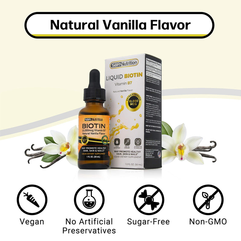 MAX Absorption Biotin Liquid Drops, 10000mcg of Biotin Per Serving, 60 Serving, No Artificial Preservatives, Vegan Friendly, Supports Hair Growth, Strong Nails and Glowing Skin, Made in USA Vanilla - BeesActive Australia
