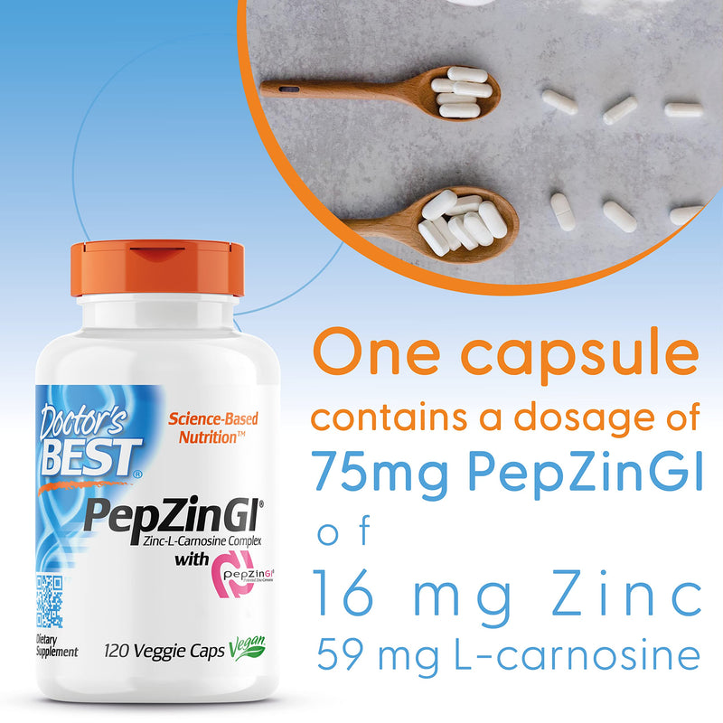 Doctor's Best, PepZinGI, Zinc-L-Carnosine Complex, 120 Vegan Capsules, Lab Tested, Minerals, Gluten Free, SOYA Free, Vegetarian - BeesActive Australia