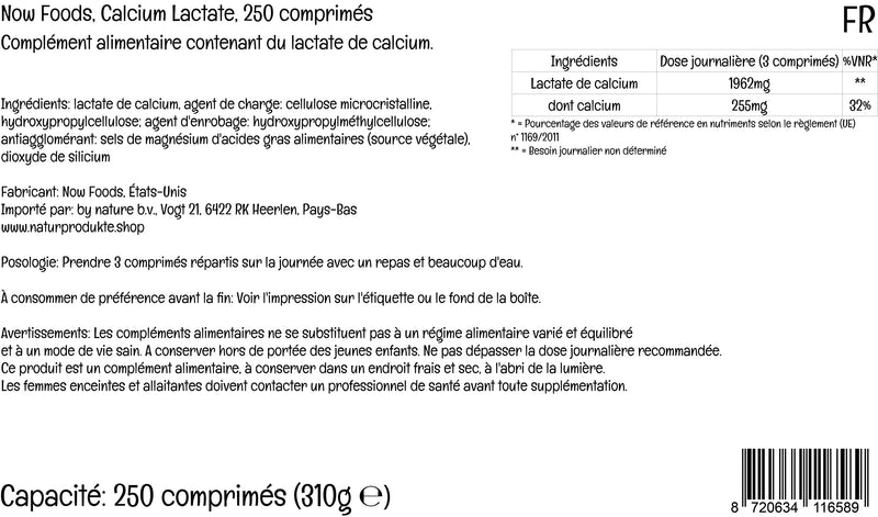 Now Foods, Calcium Lactate, High Dose, 250 Tablets, Lab-Tested, Gluten Free, Vegetarian, SOYA Free, Non-GMO - BeesActive Australia