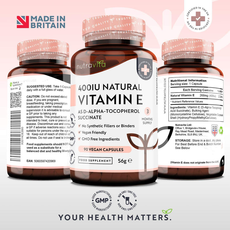 Vitamin E 400IU D-Alpha Tocopherol � 100% Natural Vitamin E � 90 Vegan Capsules � Highly Absorbable � 3 Month Supply � Protects Cells from Oxidative Stress � Made in The UK by Nutravita 90 Count (Pack of 1) - BeesActive Australia